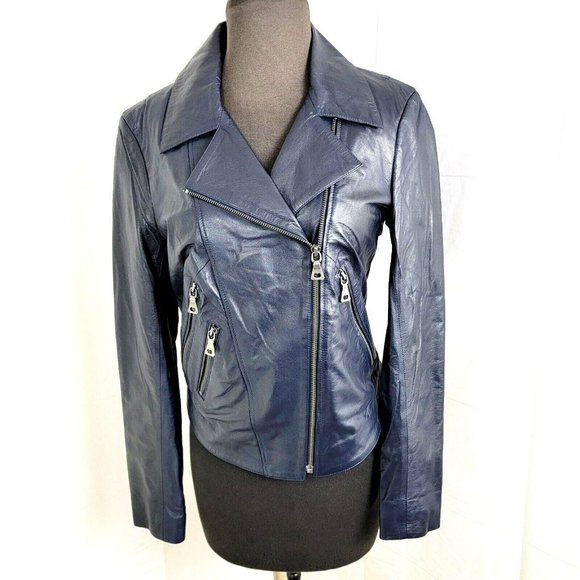 Tess Jackets & Blazers - Tess Exotic Leather Biker Jacket Size Small Dark Blue 100% Sheepskin RARE UNIQUE